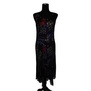 Lindi Vintage 90s Black Abstract Floral Pleated Mesh Maxi Dress Sequin Hem S
